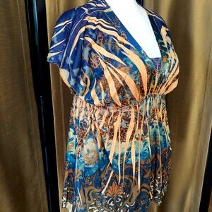 Apt.9 Orange Flares & Florals AquaBlue Top